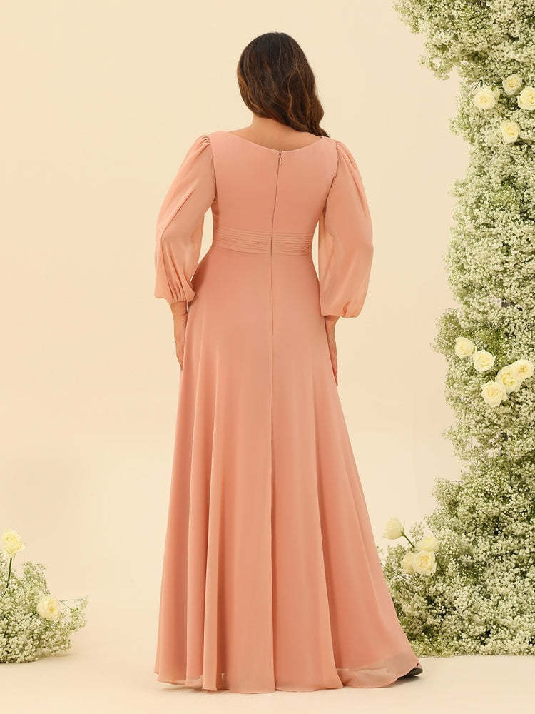 Plus Size Long-Sleeve A-Line Bridesmaid Gown with Princess Cut and Floor-Length Sash