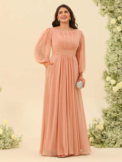 Plus Size Long-Sleeve A-Line Bridesmaid Gown with Princess Cut and Floor-Length Sash