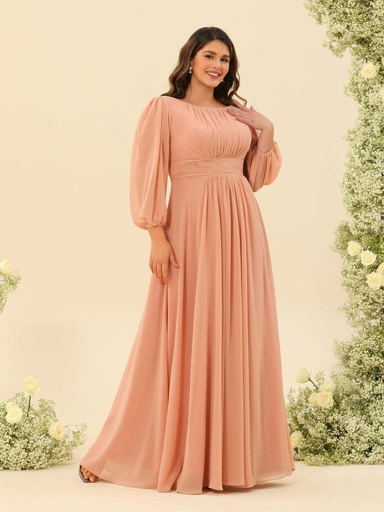 Plus Size Long-Sleeve A-Line Bridesmaid Gown with Princess Cut and Floor-Length Sash