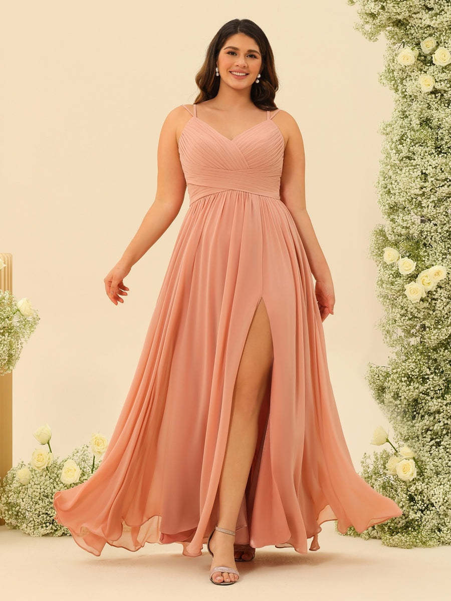Plus Size Spaghetti Strap A-Line Princess Bridesmaid Dress with Ruffles and Floor-Length Hem