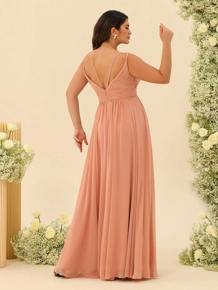 Plus Size Spaghetti Strap A-Line Princess Bridesmaid Dress with Ruffles and Floor-Length Hem