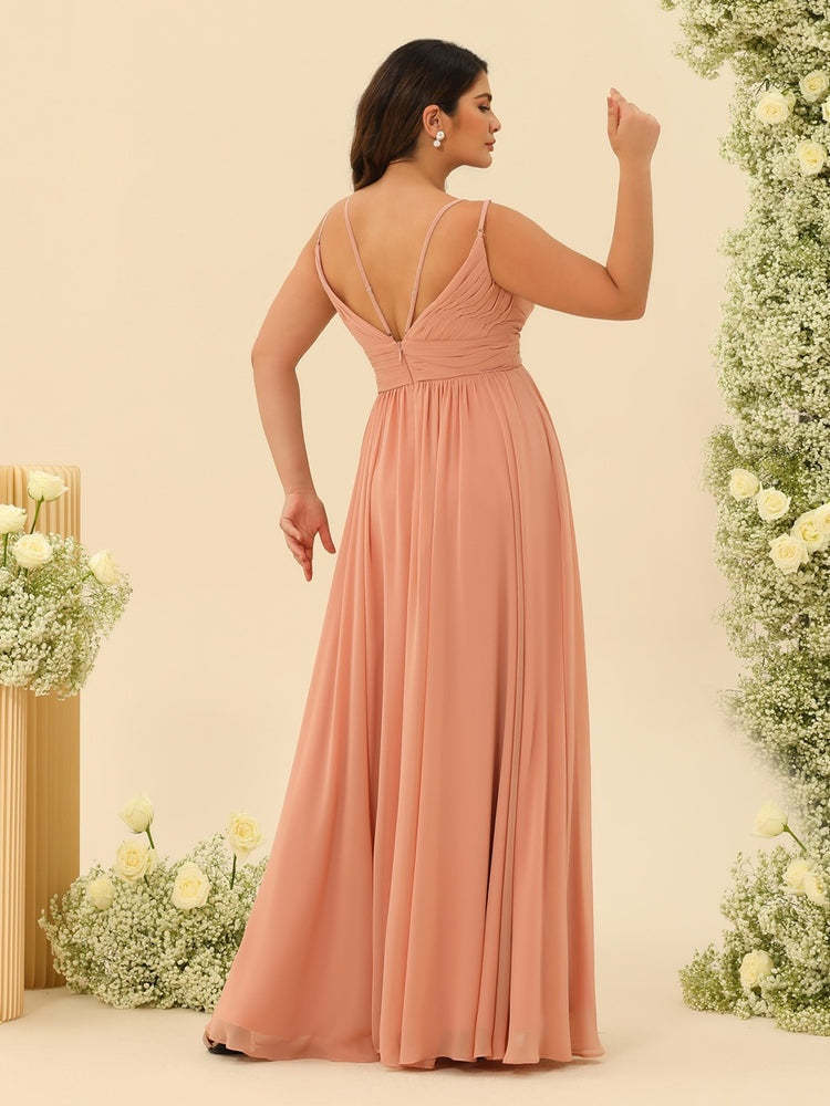 Plus Size Spaghetti Strap A-Line Princess Bridesmaid Dress with Ruffles and Floor-Length Hem