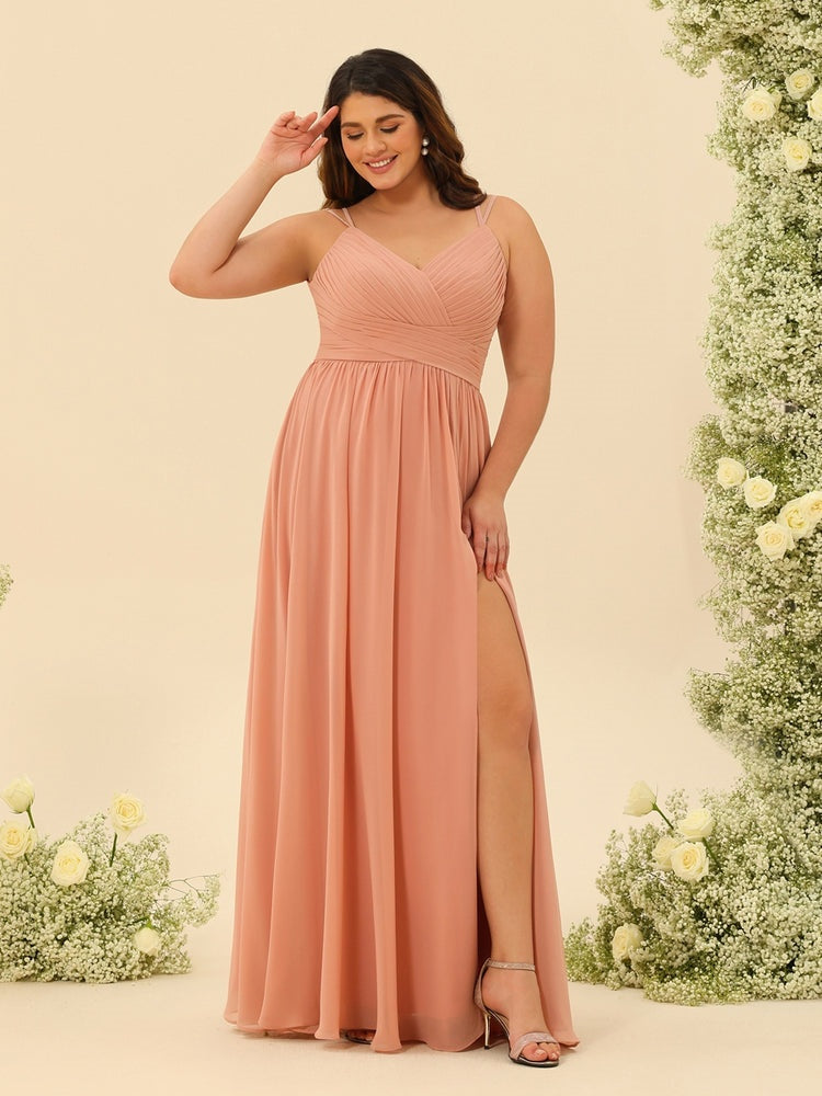 Plus Size Spaghetti Strap A-Line Princess Bridesmaid Dress with Ruffles and Floor-Length Hem