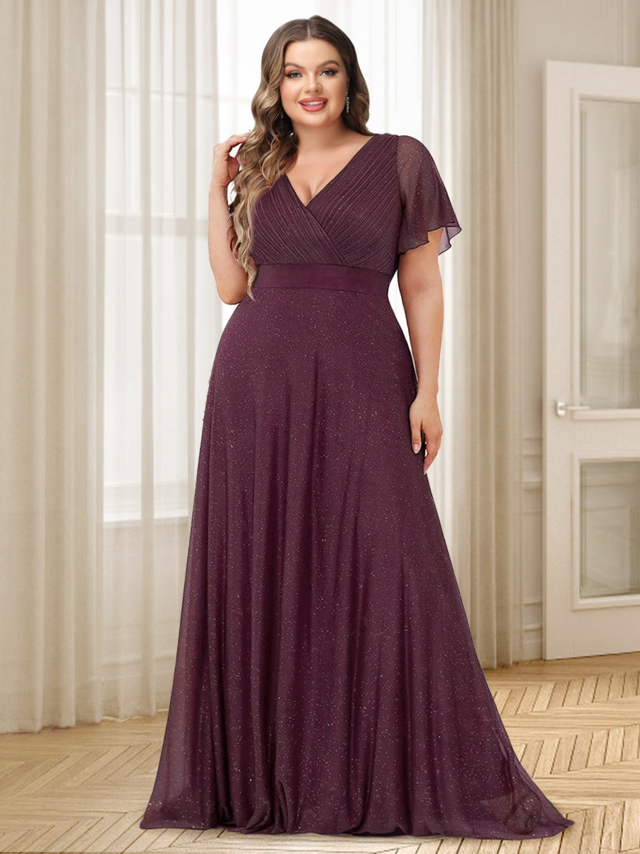 Plus Size V-Neck A-Line Princess Bridesmaid Dresses with Ruffles and Floor-Length Hem