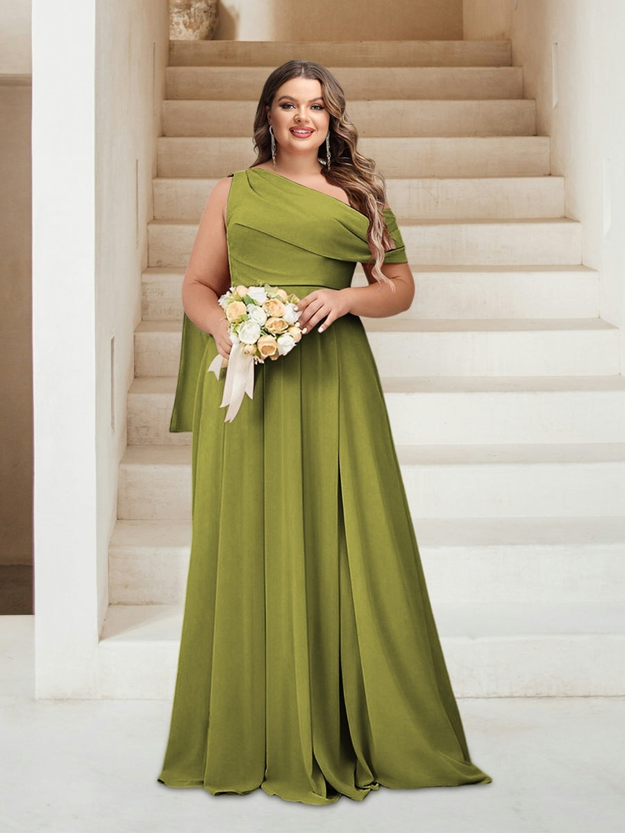 One-Shoulder Sleeveless Plus Size A-Line Princess Floor-Length Bridesmaid Dress