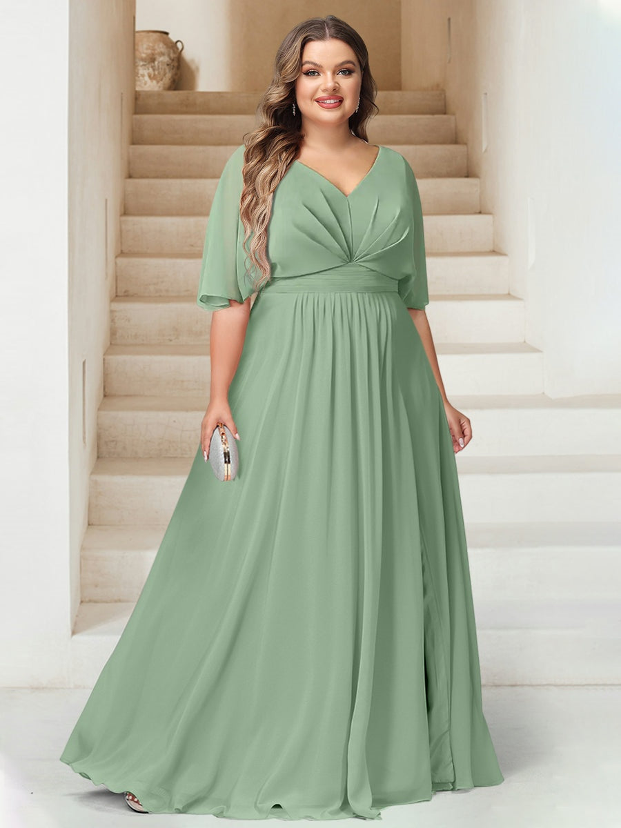 Plus Size Backless Floor-Length A-Line Bridesmaid Dresses with V-Neck