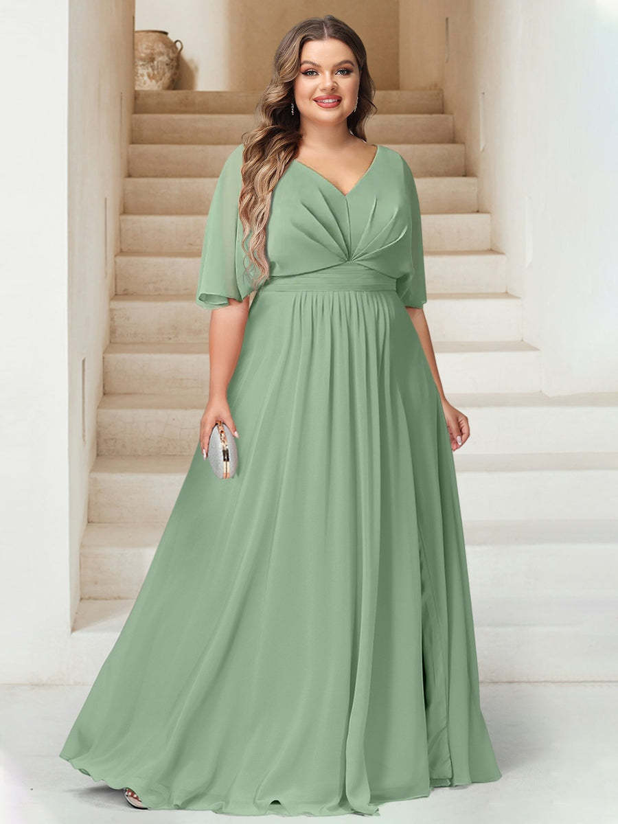 Plus Size Backless Floor-Length A-Line Bridesmaid Dresses with V-Neck