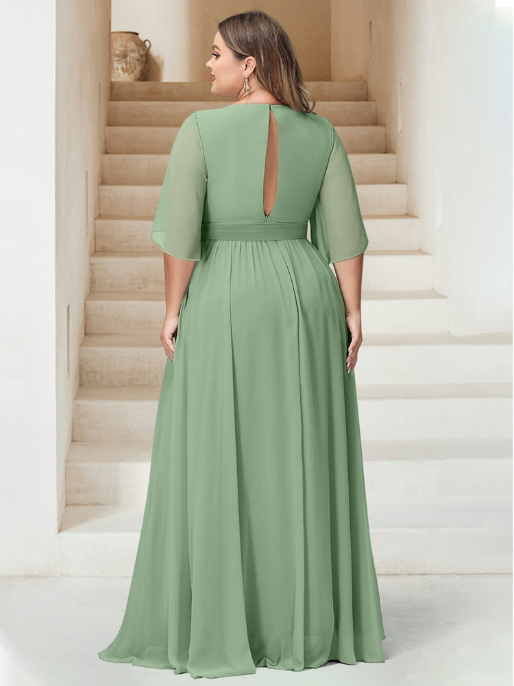 Plus Size Backless Floor-Length A-Line Bridesmaid Dresses with V-Neck