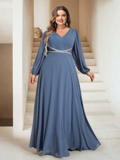 Plus Size Floor-Length A-Line Bridesmaid Dresses Featuring a V-Neck and Sash