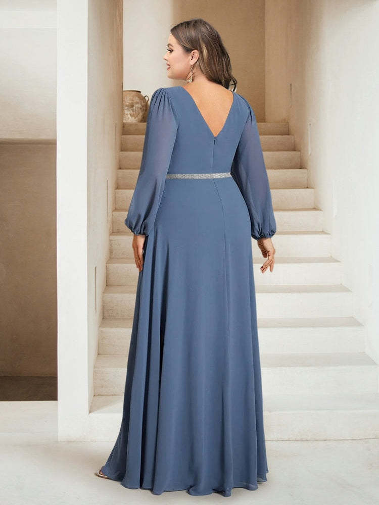 Plus Size Floor-Length A-Line Bridesmaid Dresses Featuring a V-Neck and Sash