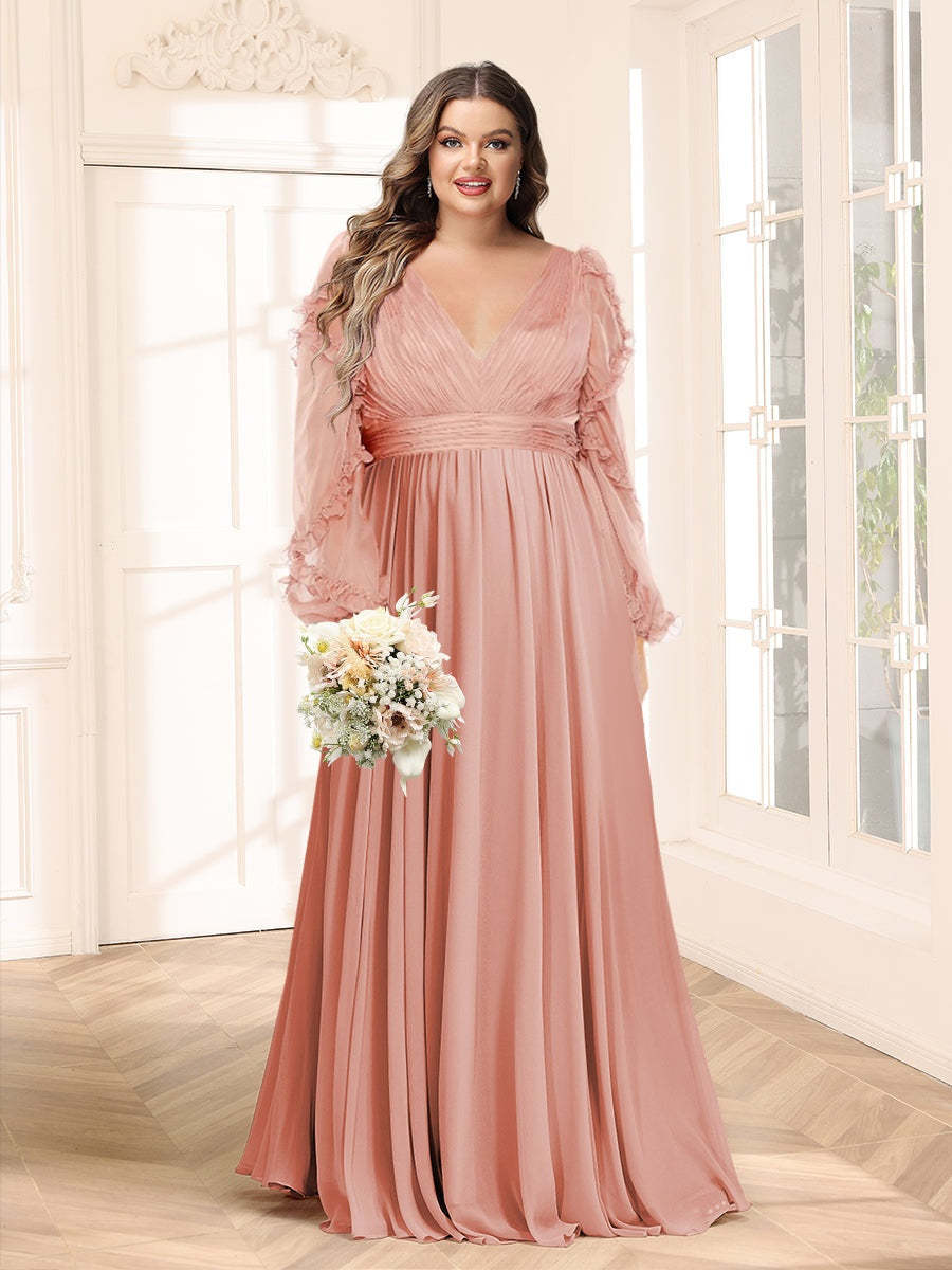 Empire waist chiffon bridesmaid dress with V-neck and long sleeves in plus size
