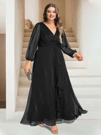 Plus Size V-Neck A-Line Princess Bridesmaid Dress with Long Sleeves and Ankle Length