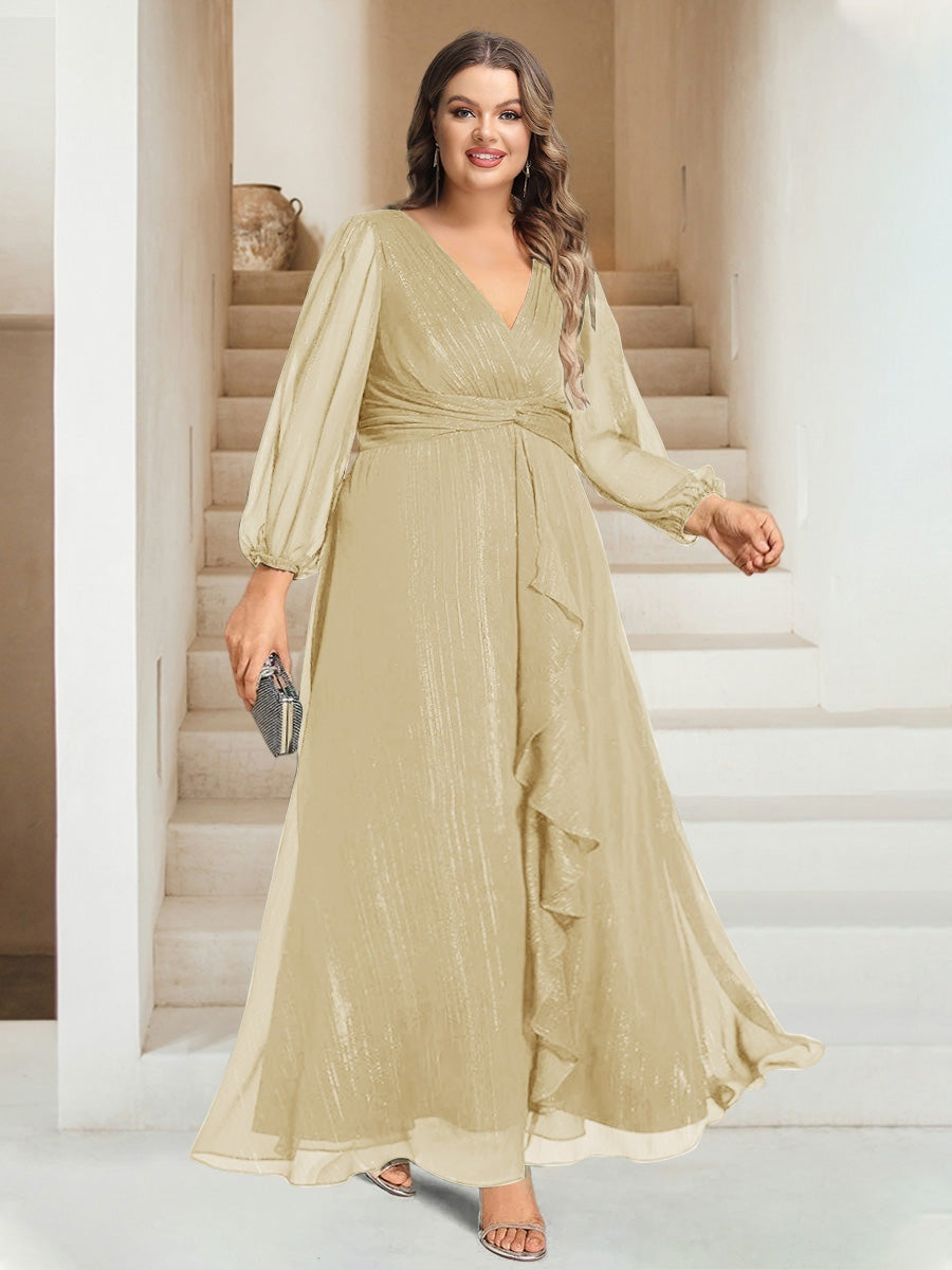 Plus Size V-Neck A-Line Princess Bridesmaid Dress with Long Sleeves and Ankle Length