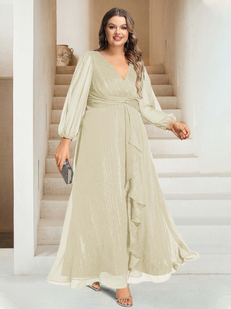 Plus Size V-Neck A-Line Princess Bridesmaid Dress with Long Sleeves and Ankle Length