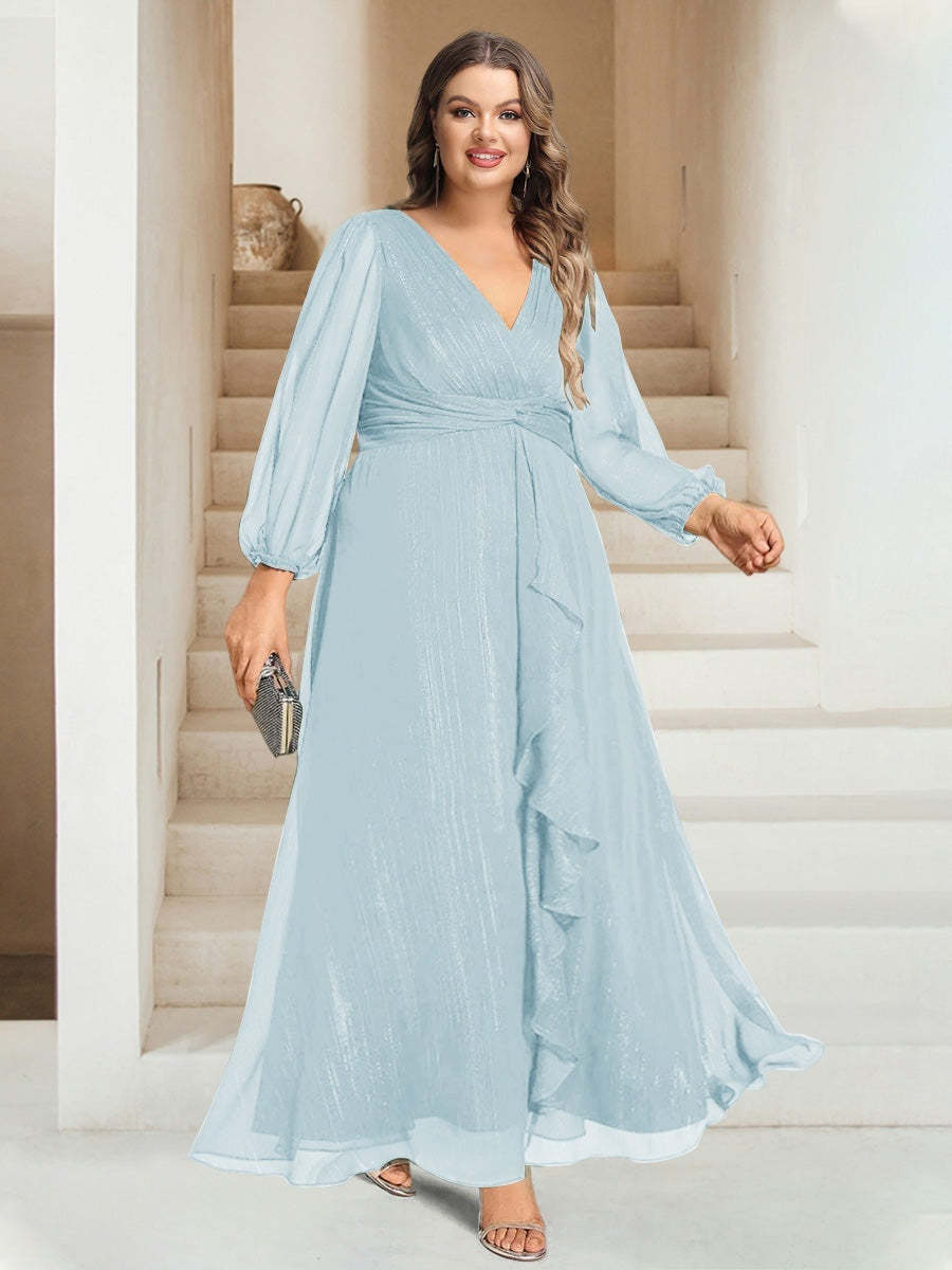 Plus Size V-Neck A-Line Princess Bridesmaid Dress with Long Sleeves and Ankle Length