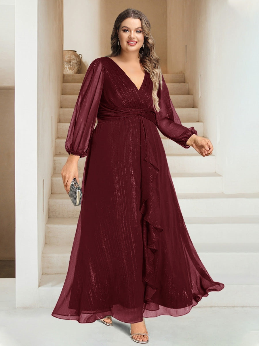Plus Size V-Neck A-Line Princess Bridesmaid Dress with Long Sleeves and Ankle Length
