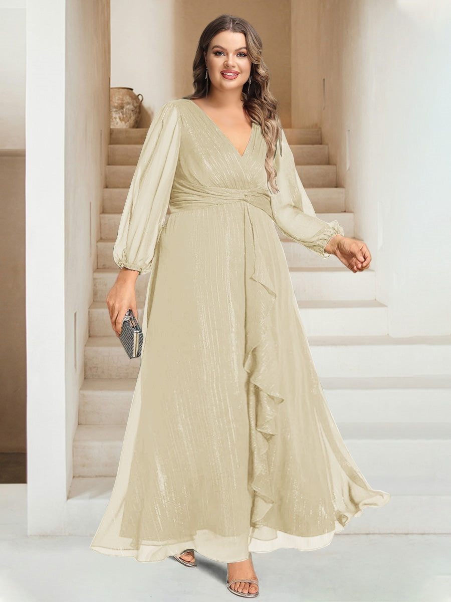 Plus Size V-Neck A-Line Princess Bridesmaid Dress with Long Sleeves and Ankle Length