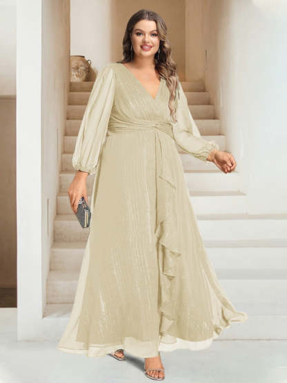 Plus Size V-Neck A-Line Princess Bridesmaid Dress with Long Sleeves and Ankle Length