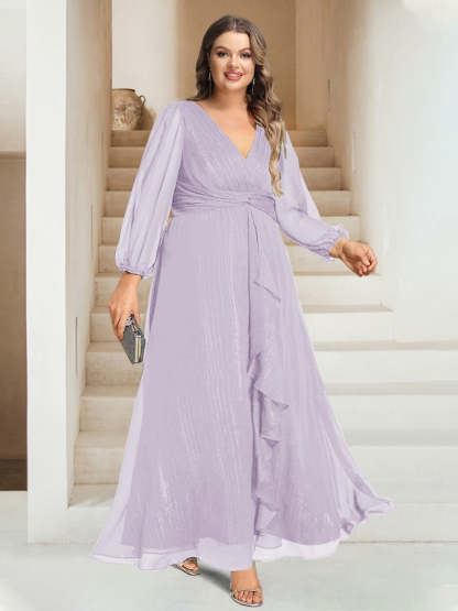 Plus Size V-Neck A-Line Princess Bridesmaid Dress with Long Sleeves and Ankle Length