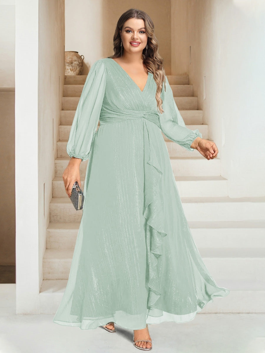 Plus Size V-Neck A-Line Princess Bridesmaid Dress with Long Sleeves and Ankle Length