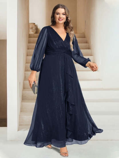 Plus Size V-Neck A-Line Princess Bridesmaid Dress with Long Sleeves and Ankle Length