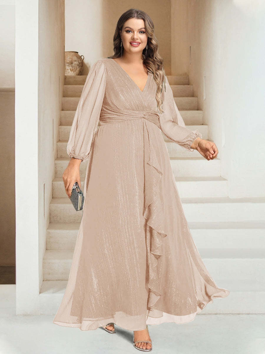 Plus Size V-Neck A-Line Princess Bridesmaid Dress with Long Sleeves and Ankle Length