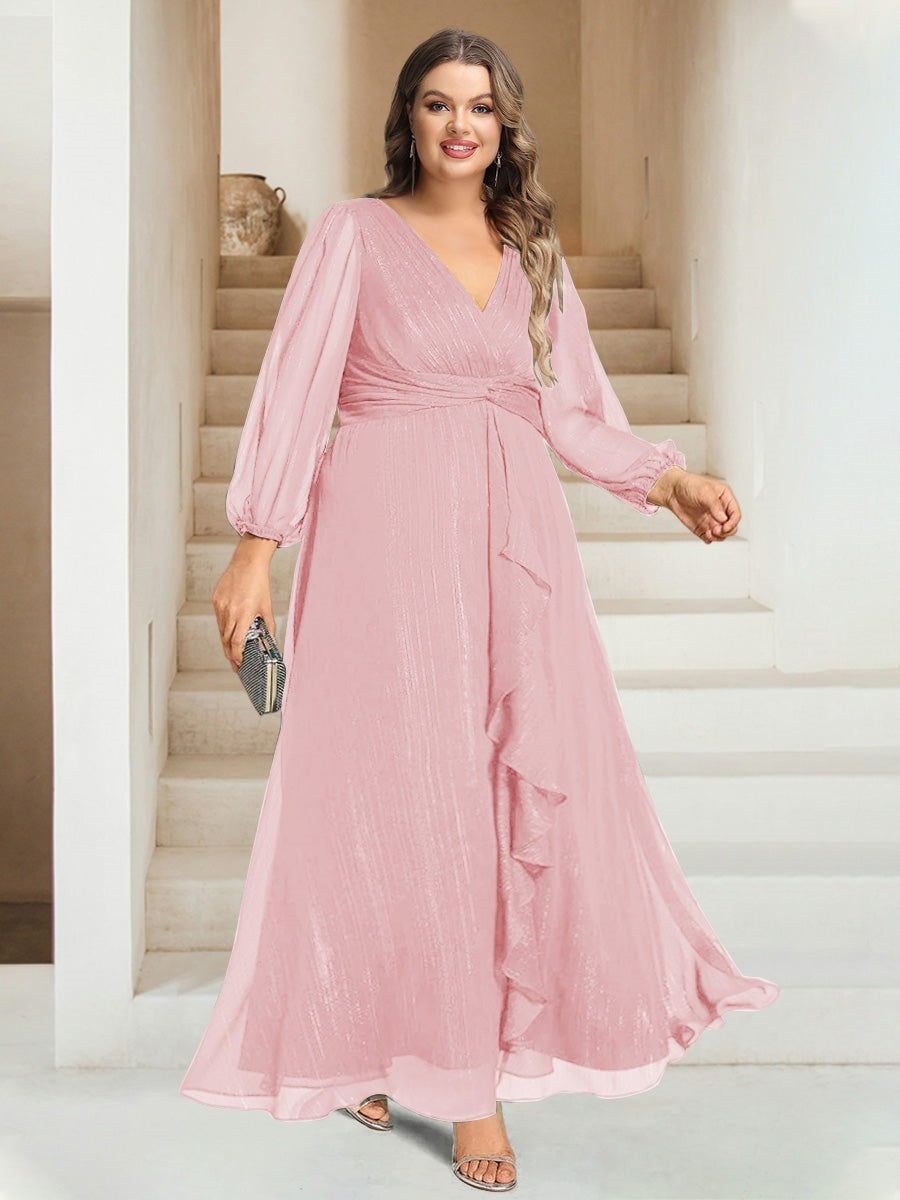 Plus Size V-Neck A-Line Princess Bridesmaid Dress with Long Sleeves and Ankle Length