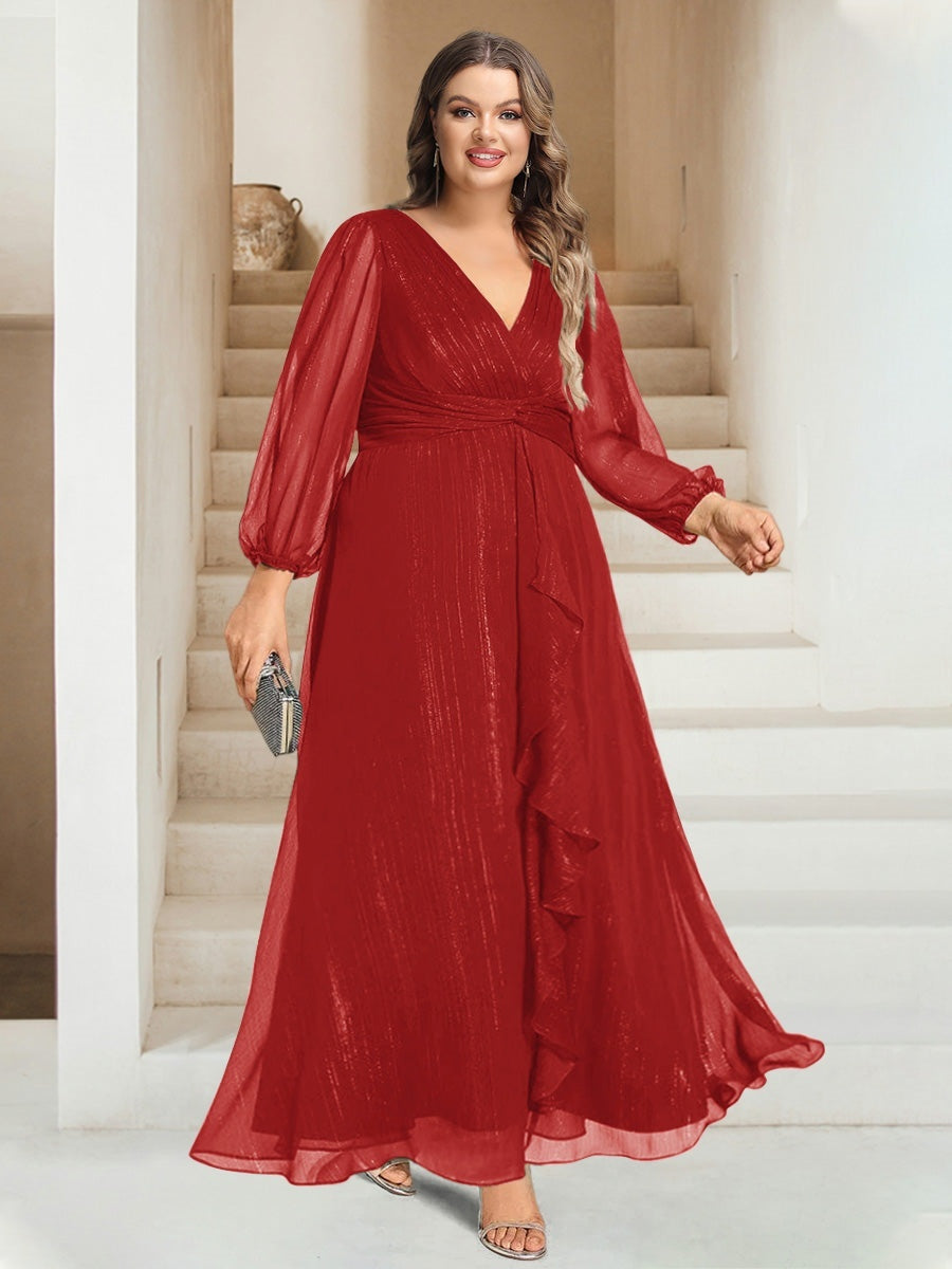 Plus Size V-Neck A-Line Princess Bridesmaid Dress with Long Sleeves and Ankle Length