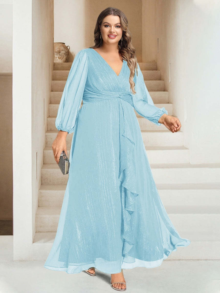 Plus Size V-Neck A-Line Princess Bridesmaid Dress with Long Sleeves and Ankle Length