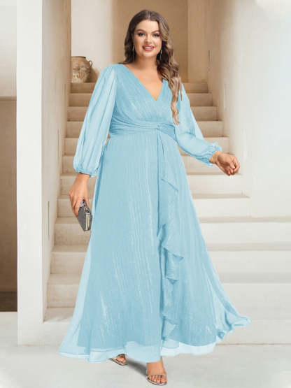 Plus Size V-Neck A-Line Princess Bridesmaid Dress with Long Sleeves and Ankle Length