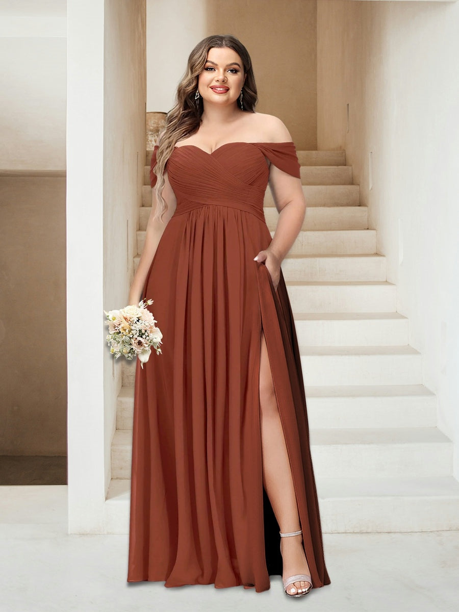 Plus Size Sleeveless Chiffon Bridesmaid Dresses with Pockets in A-Line/Princess Off-the-Shoulder Style-BMbridal.UK