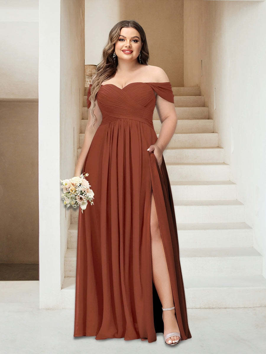 Plus Size Sleeveless Chiffon Bridesmaid Dresses with Pockets in A-Line/Princess Off-the-Shoulder Style-BMbridal.UK
