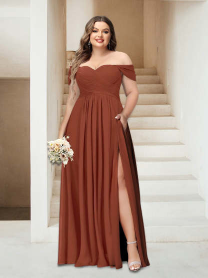 Plus Size Sleeveless Chiffon Bridesmaid Dresses with Pockets in A-Line/Princess Off-the-Shoulder Style-BMbridal.UK