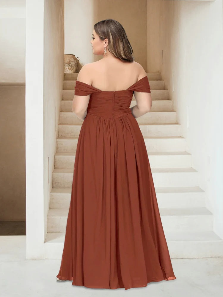 Plus Size Sleeveless Chiffon Bridesmaid Dresses with Pockets in A-Line/Princess Off-the-Shoulder Style-BMbridal.UK