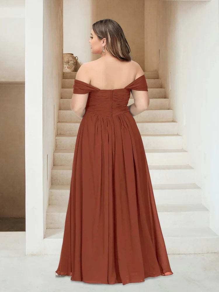 Plus Size Sleeveless Chiffon Bridesmaid Dresses with Pockets in A-Line/Princess Off-the-Shoulder Style-BMbridal.UK