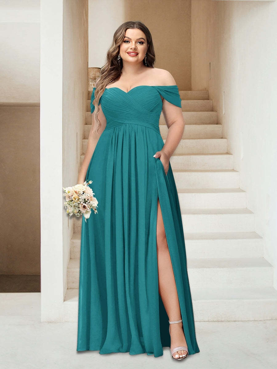 Plus Size Sleeveless Chiffon Bridesmaid Dresses with Pockets in A-Line/Princess Off-the-Shoulder Style-BMbridal.UK