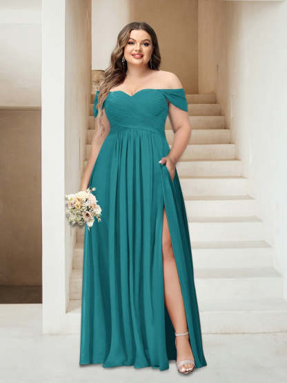 Plus Size Sleeveless Chiffon Bridesmaid Dresses with Pockets in A-Line/Princess Off-the-Shoulder Style-BMbridal.UK