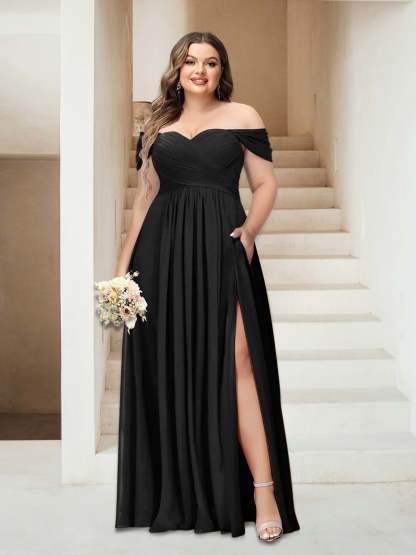 Plus Size Sleeveless Chiffon Bridesmaid Dresses with Pockets in A-Line/Princess Off-the-Shoulder Style-BMbridal.UK