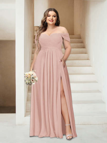 Plus Size Sleeveless Chiffon Bridesmaid Dresses with Pockets in A-Line/Princess Off-the-Shoulder Style-BMbridal.UK