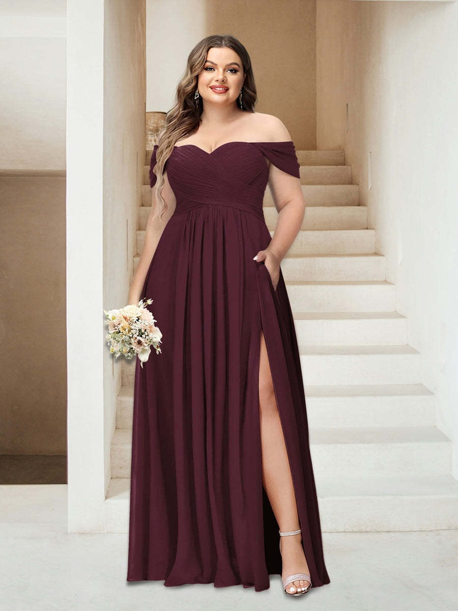 Plus Size Sleeveless Chiffon Bridesmaid Dresses with Pockets in A-Line/Princess Off-the-Shoulder Style-BMbridal.UK