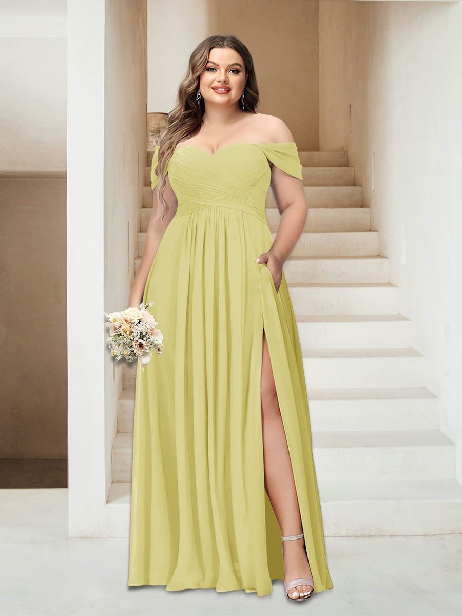 Plus Size Sleeveless Chiffon Bridesmaid Dresses with Pockets in A-Line/Princess Off-the-Shoulder Style-BMbridal.UK