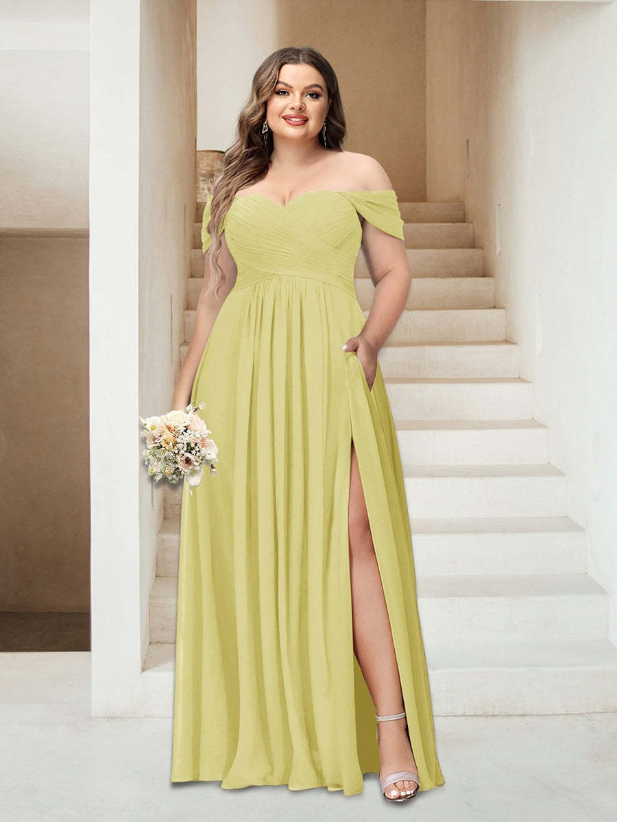 Plus Size Sleeveless Chiffon Bridesmaid Dresses with Pockets in A-Line/Princess Off-the-Shoulder Style-BMbridal.UK