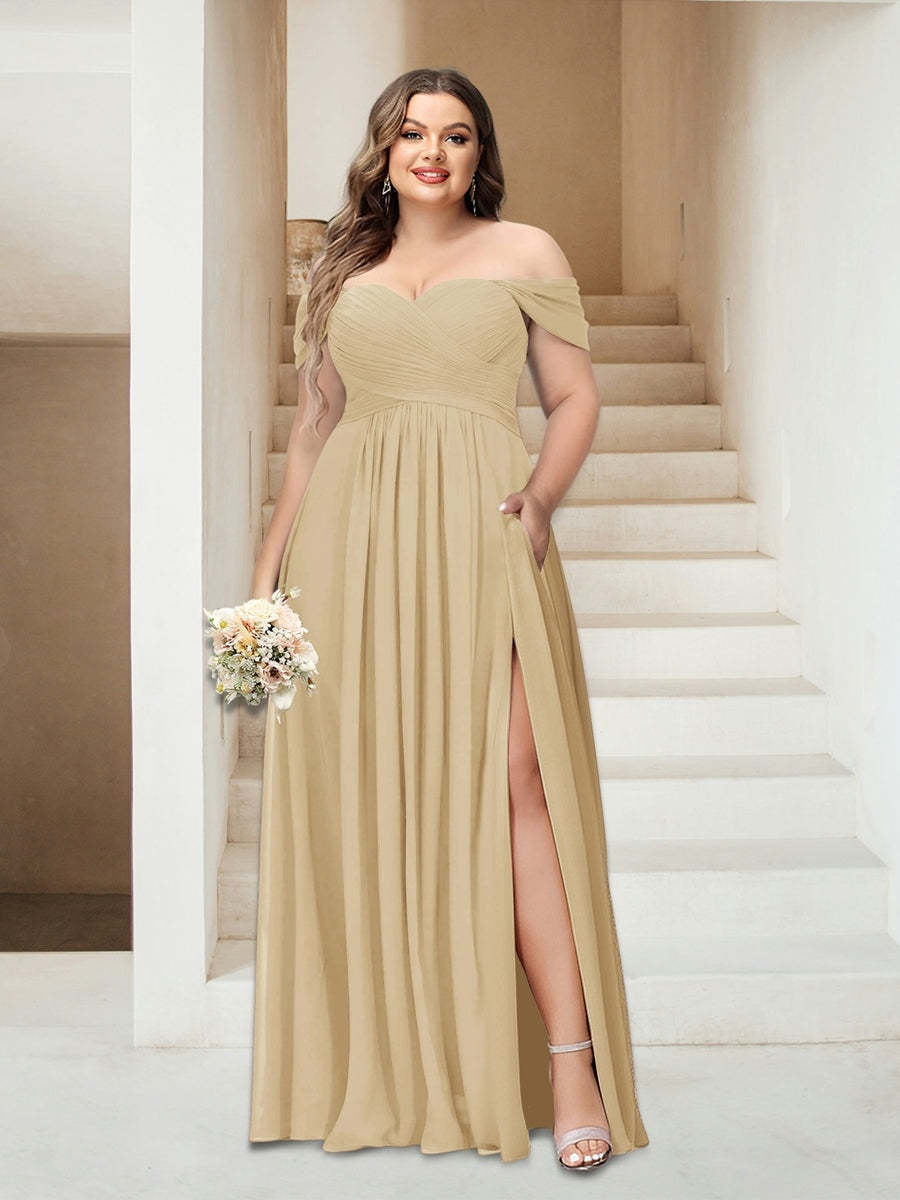 Plus Size Sleeveless Chiffon Bridesmaid Dresses with Pockets in A-Line/Princess Off-the-Shoulder Style-BMbridal.UK