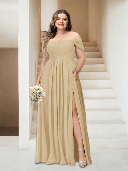 Plus Size Sleeveless Chiffon Bridesmaid Dresses with Pockets in A-Line/Princess Off-the-Shoulder Style-BMbridal.UK
