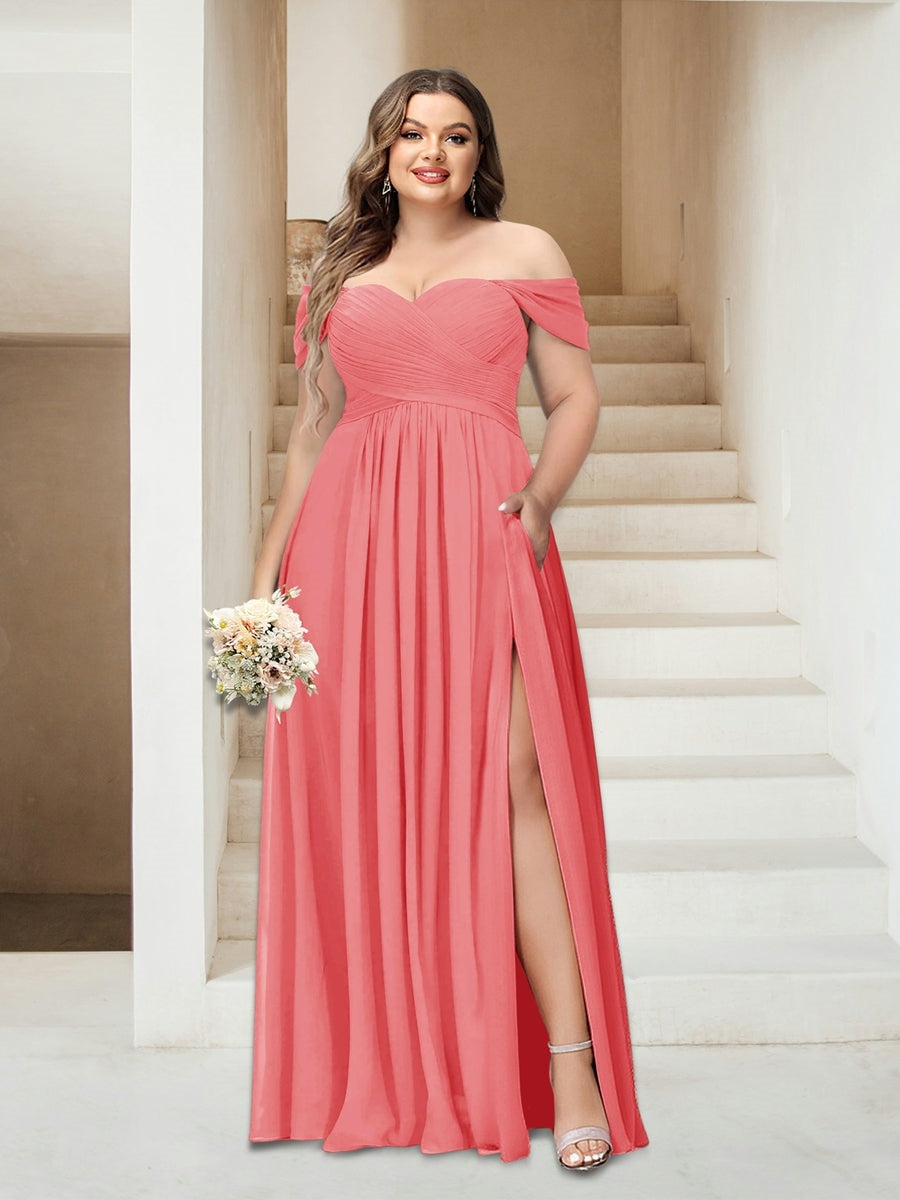 Plus Size Sleeveless Chiffon Bridesmaid Dresses with Pockets in A-Line/Princess Off-the-Shoulder Style-BMbridal.UK