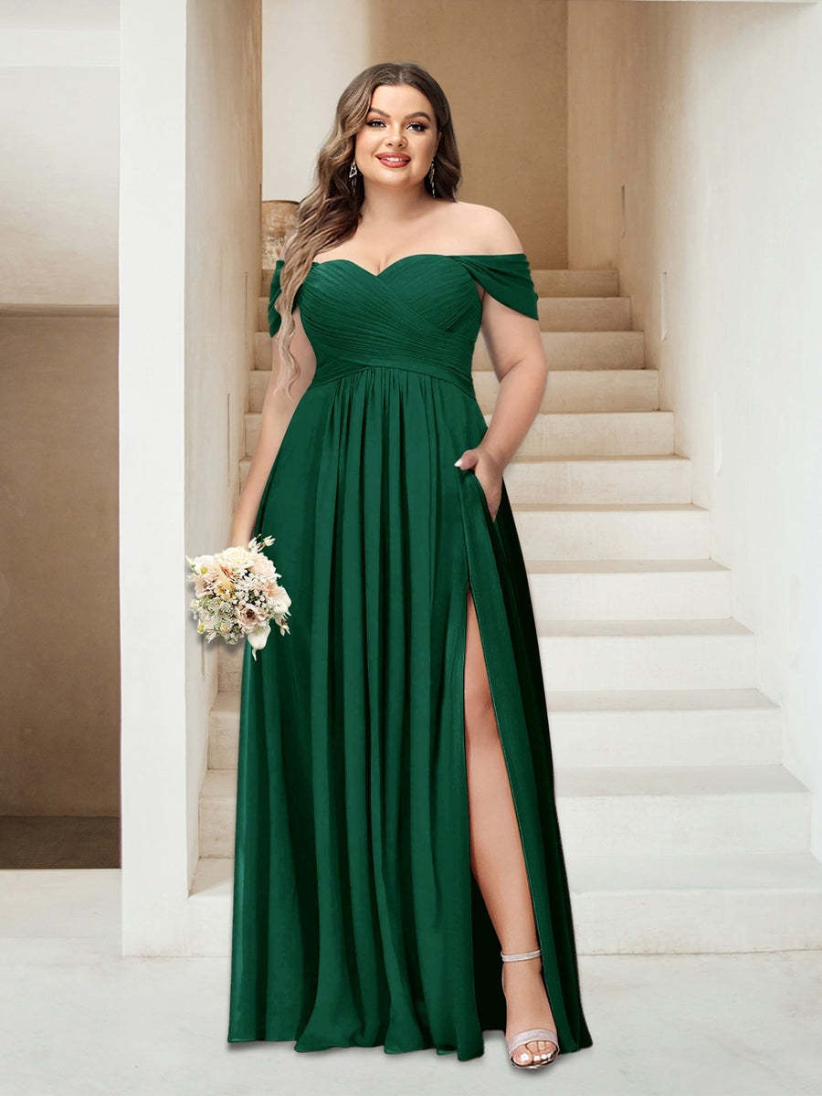 Plus Size Sleeveless Chiffon Bridesmaid Dresses with Pockets in A-Line/Princess Off-the-Shoulder Style-BMbridal.UK