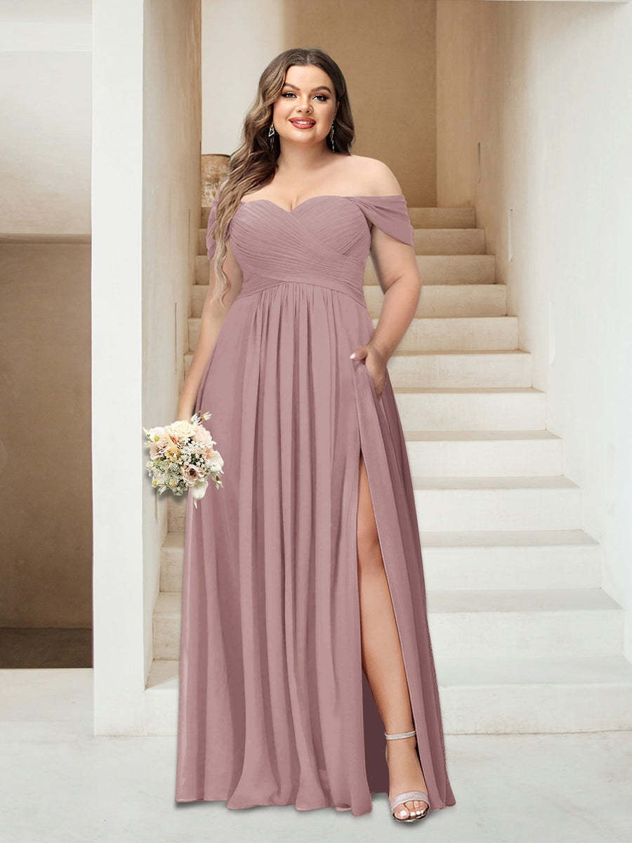 Plus Size Sleeveless Chiffon Bridesmaid Dresses with Pockets in A-Line/Princess Off-the-Shoulder Style-BMbridal.UK