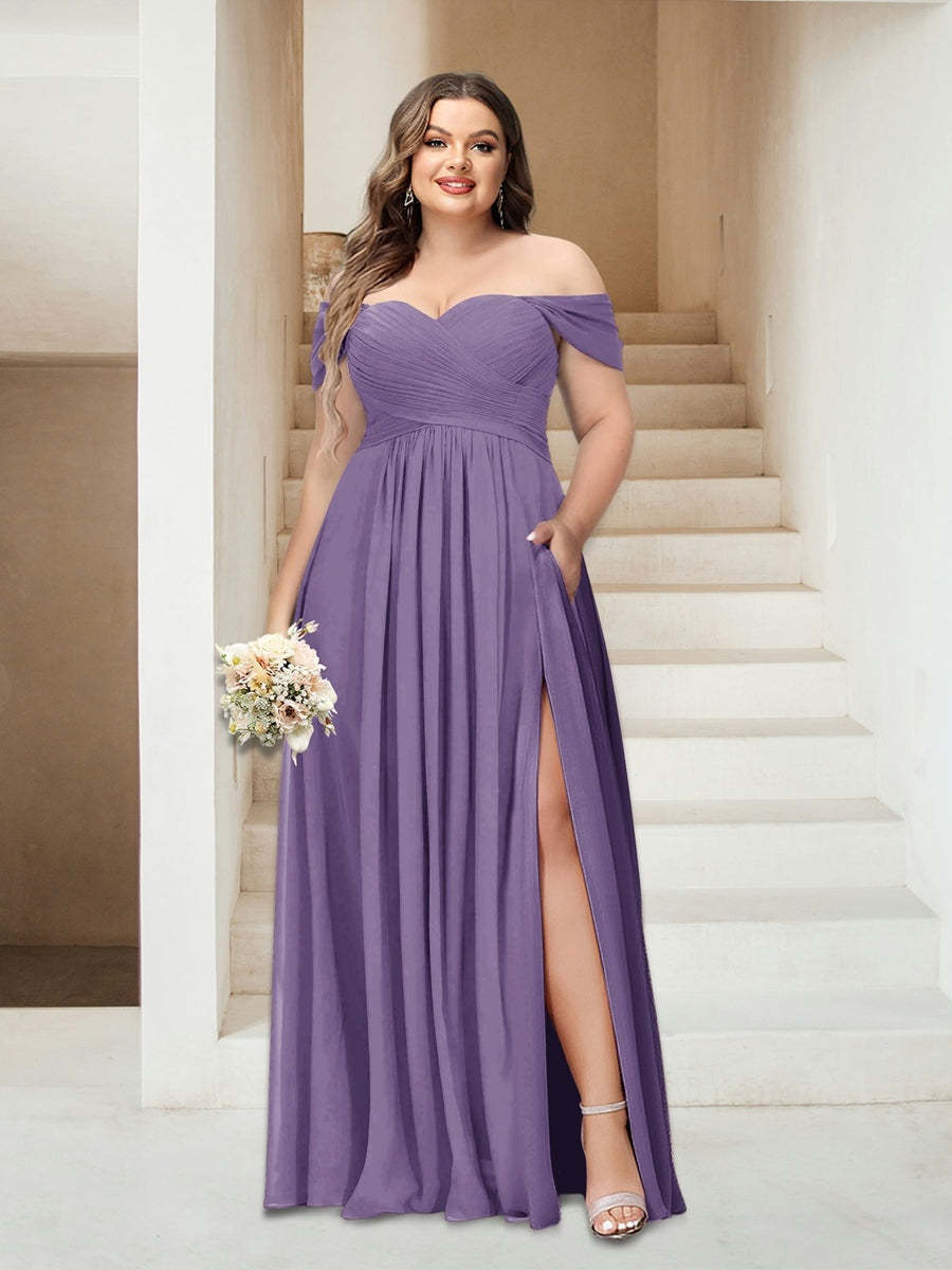 Plus Size Sleeveless Chiffon Bridesmaid Dresses with Pockets in A-Line/Princess Off-the-Shoulder Style-BMbridal.UK