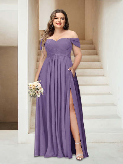 Plus Size Sleeveless Chiffon Bridesmaid Dresses with Pockets in A-Line/Princess Off-the-Shoulder Style-BMbridal.UK