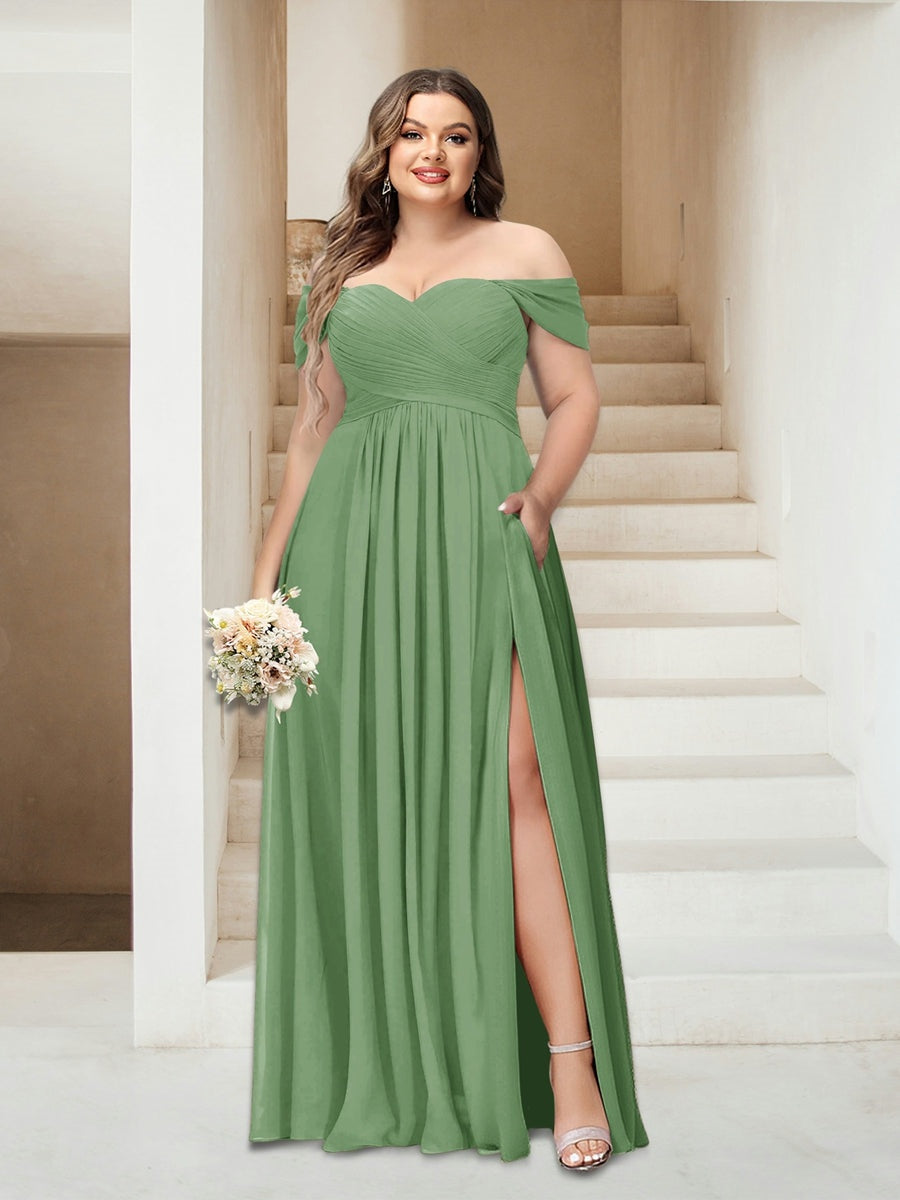 Plus Size Sleeveless Chiffon Bridesmaid Dresses with Pockets in A-Line/Princess Off-the-Shoulder Style-BMbridal.UK